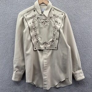 Vintage H Bar C Ranchwear Shirt Mens 15.5 Beige Western Bib Embroidered Snap 70s